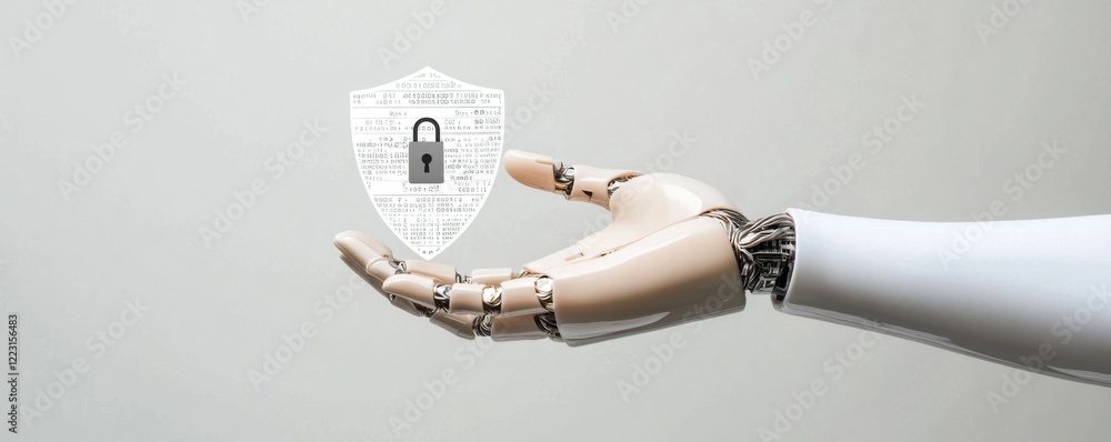Poster a robotic hand holds a digital shield symbolizing cybersecurity, representing the intersection of te