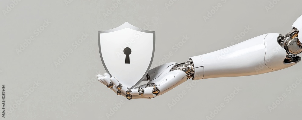Poster a robotic hand holds a shield with a keyhole, symbolizing security and protection in a digital age.