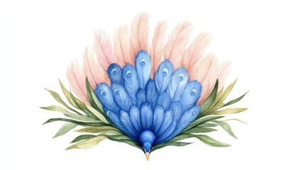Vibrant watercolor illustration of a peacock's feathers surrounded by soft foliage and pastel colors