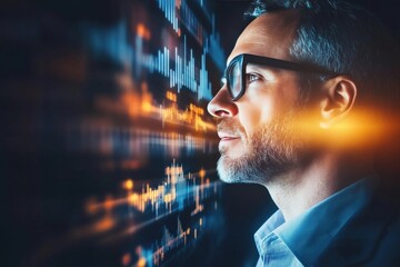 Thoughtful businessman analyzing data visualizations on transparent screen, representing innovation, technology, and strategic decision-making in a digital environment