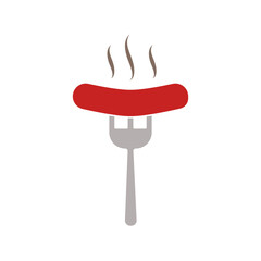 Sausage icon on fork, grilled sausages, simple flat style, pictogram logo symbol vector illustration, isolated on white for mobile app