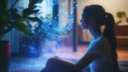 An emblematic view of mental health services represented by soothing holographic imagery that embodies support networks and therapeutic spaces in the community.