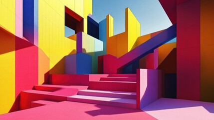 A vibrant, abstract architectural space featuring colorful geometric shapes and steps.