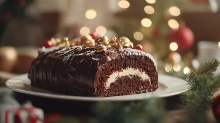 A festive chocolate yule log cake adorned with gold decorations and surrounded by holiday decor.