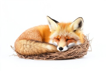 A peaceful red fox curled up in a cozy nest, showcasing its vibrant fur against a white backdrop