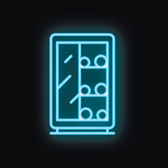 Neon icon of a modern wine refrigerator with glass door, full of wine bottles, glowing on black background