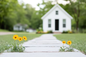 Obraz premium A charming white house surrounded by greenery and vibrant flowers on a stone pathway