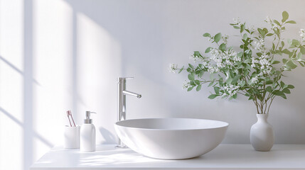 Modern bathroom design featuring a round sink and elegant floral arrangement on a countertop