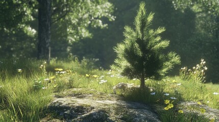 Sunlit pine tree in forest clearing surrounded by wildflowers