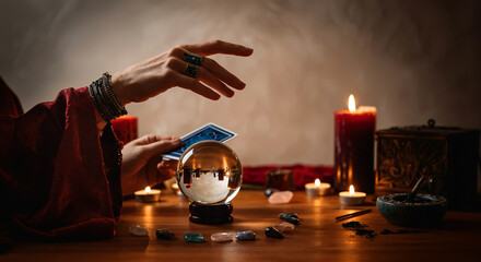Fortune teller reading a card during a seance with a crystal ball and burning candles on a wooden table