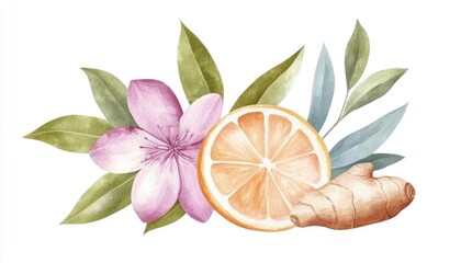 Vibrant watercolor illustration featuring a flower, citrus slice, and ginger root with leaves