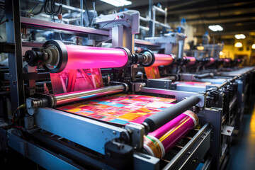 Large printing press in operation showcasing vibrant colors in a modern facility during production hours