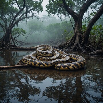A massive python rests coiled around the roots of an ancient mangrove tree in a misty swamp, with its patterned scales blending into the muddy waters and dense vegetation.