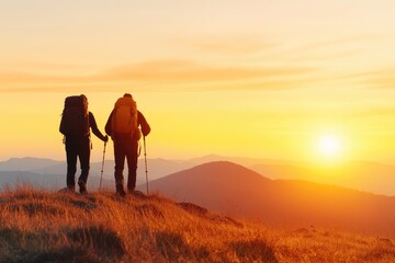 Fototapeta premium Two hikers enjoying a sunset hike in the mountains, with vibrant colors in the sky