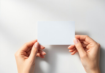 Two hands presenting a blank card on a minimalist surface