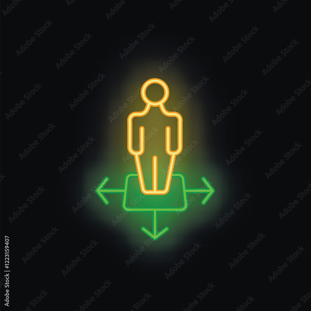 Poster neon sign icon of a person standing on a platform with arrows pointing in different directions, repr