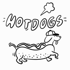 Vector doodle illustration of hot dog with dachshund black line, lettering