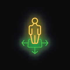 Neon sign icon of a person standing on a platform with arrows pointing in different directions, representing the concept of choice