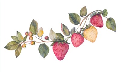 A vibrant watercolor illustration of strawberries and leaves, showcasing ripe and unripe fruit