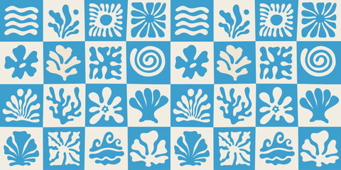 Vector seamless pattern in simple floral wavy and groovy naive style, ocean and vacation theme,  flowers and plants, floral botanic hand drawn design templates, modern art prints, surface design © venimo