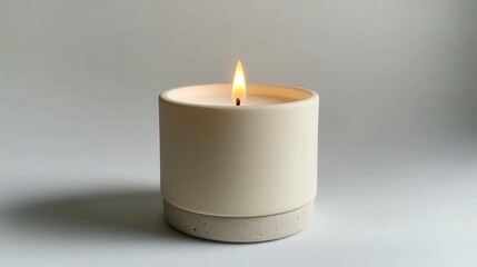Lit Cream Colored Ceramic Candle with Speckled Base on White Background