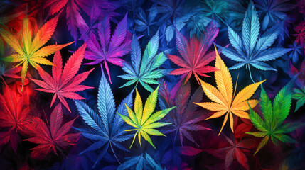 Colorful cannabis leaves arranged in vibrant patterns showcasing artistic creativity with nature
