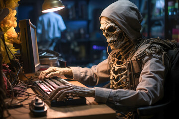 Fototapeta premium Skeleton types away at computer desk in a vibrant workspace, showcasing unique blend of life and the afterlife in a creative setting