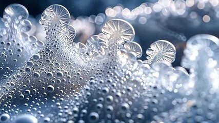 A close-up of bubbles and translucent structures resembling mushrooms in a dreamy, soft focus footage - Powered by Adobe