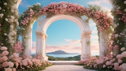 Fototapeta premium A whimsical scene featuring a grand, white archway adorned with intricate designs,