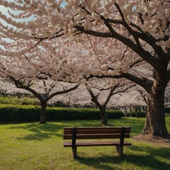 Sitting on a wooden bench surrounded by cherry blossoms.