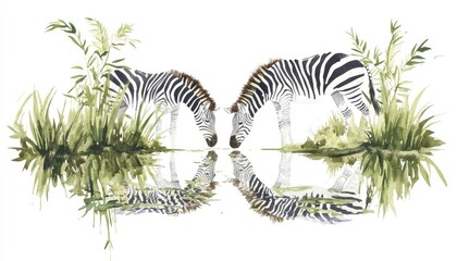Two zebras drinking from a serene water pool surrounded by lush greenery and reflections