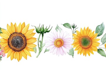 A vibrant watercolor illustration of sunflowers and daisies arranged elegantly, showcasing nature's beauty