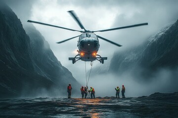A helicopter rescue operation in a mountainous terrain, with ropes descending and rescuers in bright gear assisting stranded hikers, copy space background