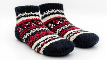Warm Winter Wool Socks Pair Fair Isle Knit Pattern Red Navy Cream