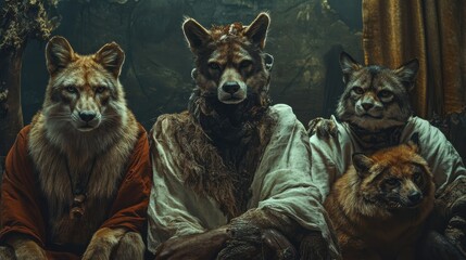 Four anthropomorphic wolves in tribal clothing seated in a dimly lit room
