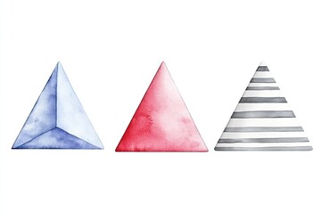 Three watercolor pyramids in varying colors and patterns on a clean white background