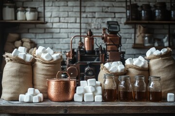 A vintage-style marshmallow factory, with copper pots and retro machinery, surrounded by sacks of...