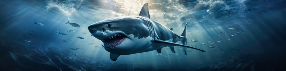 Obraz premium Majestic great white shark gliding through vibrant underwater coral reef during a sunlit afternoon