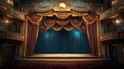 Grand theatre stage with velvet curtains and golden trim and detailed architecture