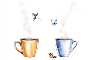 Two steaming coffee cups with leaves and a butterfly, creating a serene and inviting atmosphere