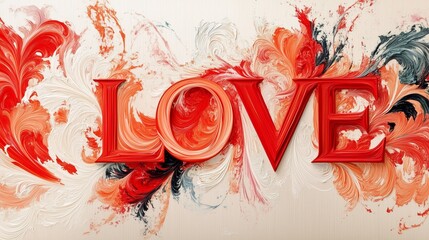 Red word love spreading on colorful paint strokes