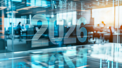 Obraz premium Imagen con el año 2026 en formato holograma con una oficina y empleados al fondo