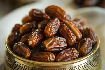 Obraz premium Closeup of numerous dark brown dates nestled in an ornate metallic bowl. Rich color and texture showcase the fruits appeal use in RAMADAN KAREEM 