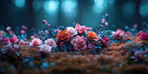 Fototapeta premium Valentine theme concept. A vibrant arrangement of colorful flowers set against a dreamy, moody forest backdrop, emphasizing nature's beauty and tranquility.
