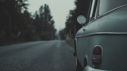 Fototapeta premium Vintage car parked on a quiet road, surrounded by trees.