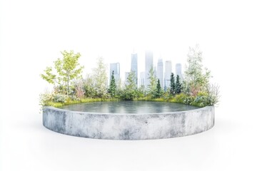 Urban Oasis A Serene Water Feature Surrounded by Lush Greenery in a Cityscape Background