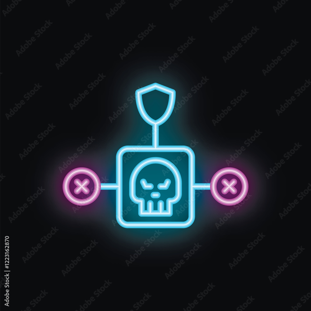 Aufkleber neon cyber security system is blocking a cyber attack with skull icon