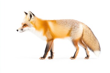 A vibrant red fox gracefully walking across a white background, showcasing its striking fur and keen expression