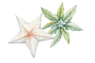 Detailed illustration of a star-shaped sea creature and a leafy plant, showcasing their textures and colors