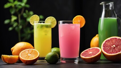 Fototapeta premium A vibrant arrangement of refreshing drinks against a dark background.